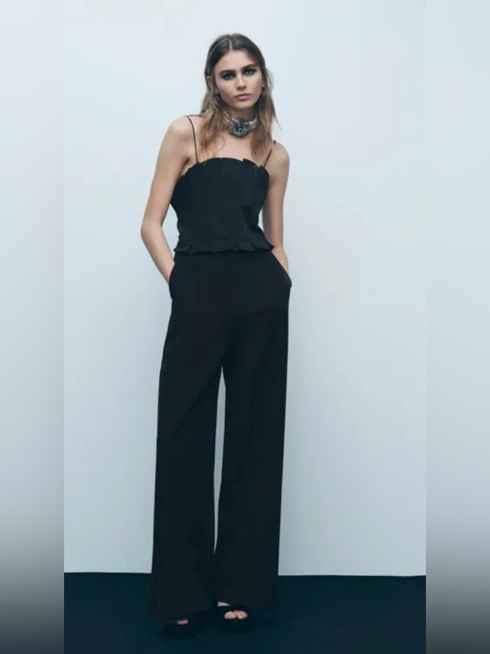 NWT Zara Black Satin/Crepe Wide Leg Jumpsuit Size Medium